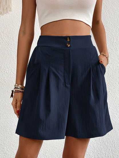 Pleated Shorts- Women's Loose Fit Pleated Shorts with Pockets- Purplish blue navy- Pekosa Women Fashion