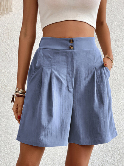 Pleated Shorts- Women's Loose Fit Pleated Shorts with Pockets- Clear blue- Pekosa Women Fashion