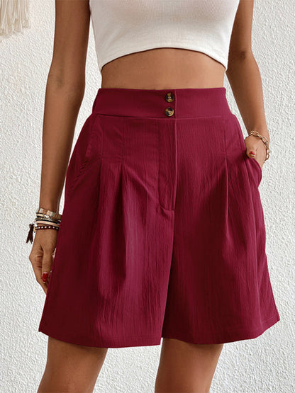 Pleated Shorts- Women's Loose Fit Pleated Shorts with Pockets- Wine Red- Pekosa Women Fashion