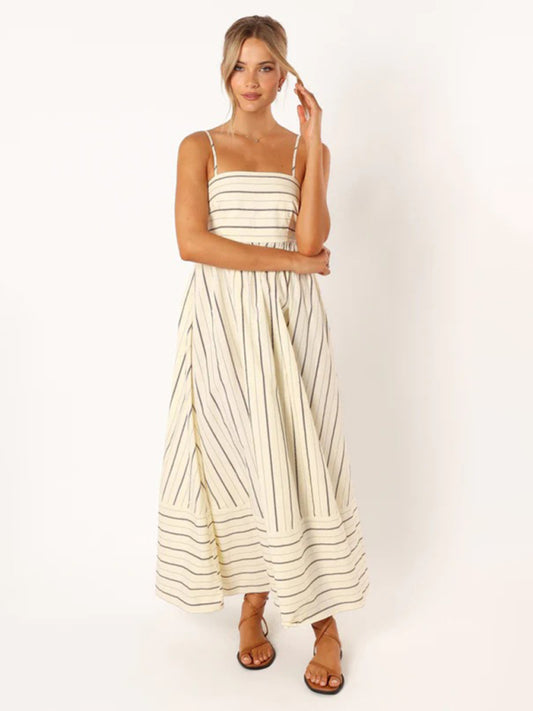 Cami Dresses- Striped Empire Sleeveless Cami Maxi Dress for Summer- Cracker khaki- Pekosa Women Clothing