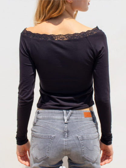 Tee- Boatneck Tee | Long Sleeve Top with Lace- - Pekosa Women Clothing