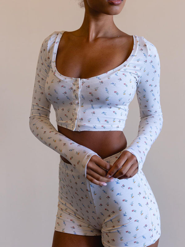 Loungewear- Spring Floral Print Fitted Cotton Blend Loungewear - Long Sleeve Crop Top & Shorts- Blue- Pekosa Women Clothing