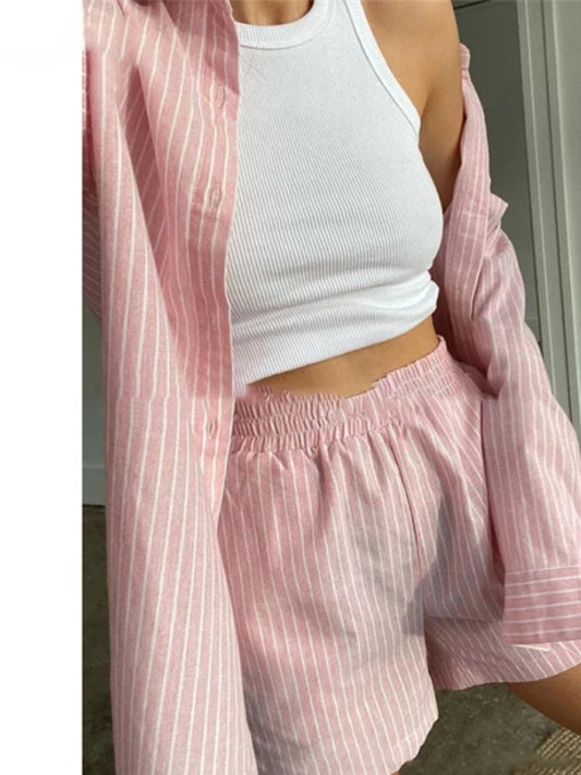 Loungewear- Laid-Back Striped 2-Piece Outfit with Button-Up Shirt & Shorts- Pink- Pekosa Women Clothing