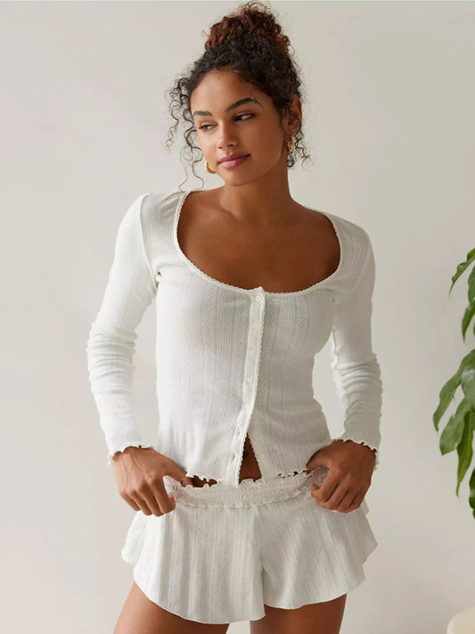 Loungewear- Relax in Summer Loungewear - Wide-Leg Shorts & Button-Up Top- White- Pekosa Women Clothing