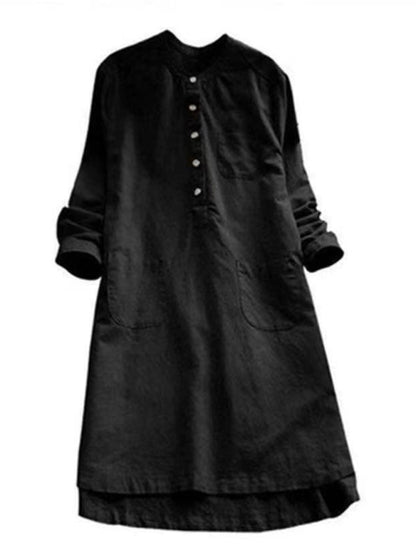 Tunic Dresses- Essential Tunic Dress in Textured Cotton-Linen- Black- Pekosa Women Clothing