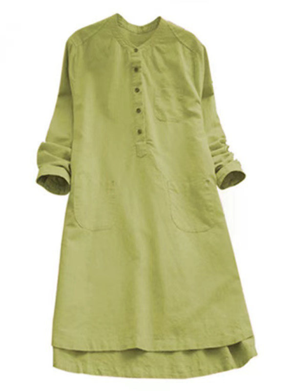 Tunic Dresses- Essential Tunic Dress in Textured Cotton-Linen- Green- Pekosa Women Clothing