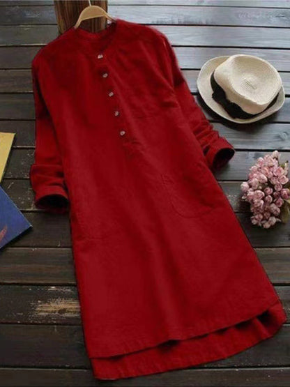 Tunic Dresses- Essential Tunic Dress in Textured Cotton-Linen- Red- Pekosa Women Clothing