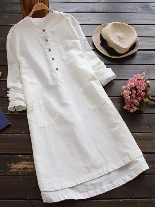 Tunic Dresses- Essential Tunic Dress in Textured Cotton-Linen- White- Pekosa Women Clothing