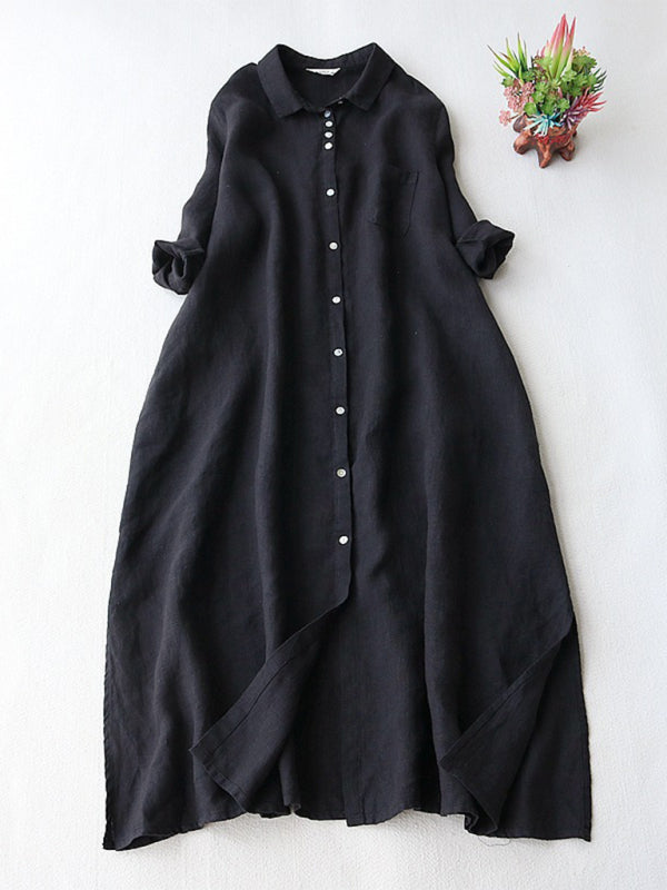 Tunic Dresses- Essential Loose Tunic Shirt Dress with 3/4 Sleeves in Summer Cotton- Black- Pekosa Women Clothing