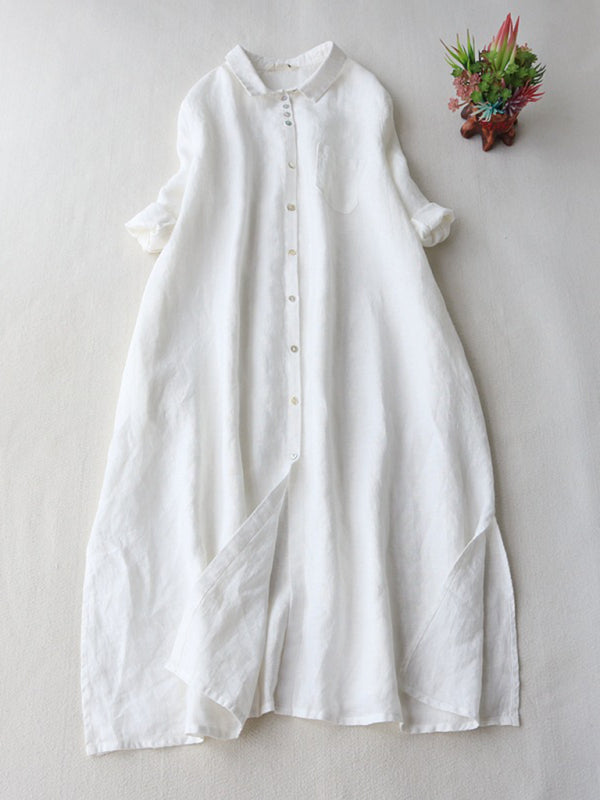 Tunic Dresses- Essential Loose Tunic Shirt Dress with 3/4 Sleeves in Summer Cotton- White- Pekosa Women Clothing