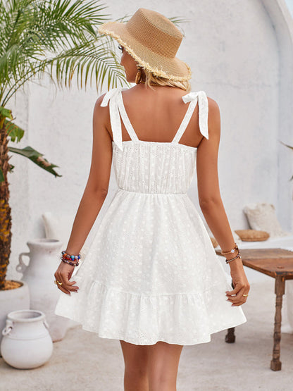 sundresses- Summer Eyelet Tie-Shoulder A-Line Mini Dress with Ruffle Hem- - Chuzko Women Clothing