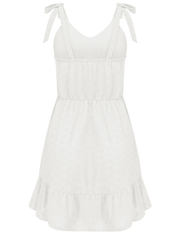 sundresses- Summer Eyelet Tie-Shoulder A-Line Mini Dress with Ruffle Hem- - Chuzko Women Clothing